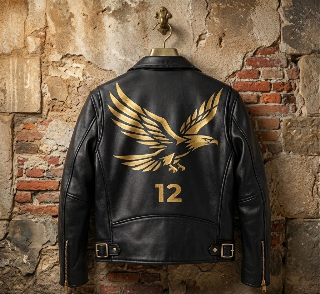 Uqaab "No. 12" Heritage Black Leather Motorcycle Jacket – Vintage Gold Eagle Edition | Ages Like A Fine Wine