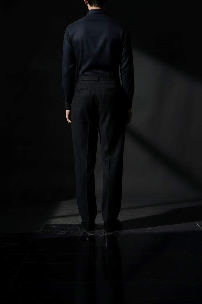 Black baggy wool formal trousers back view