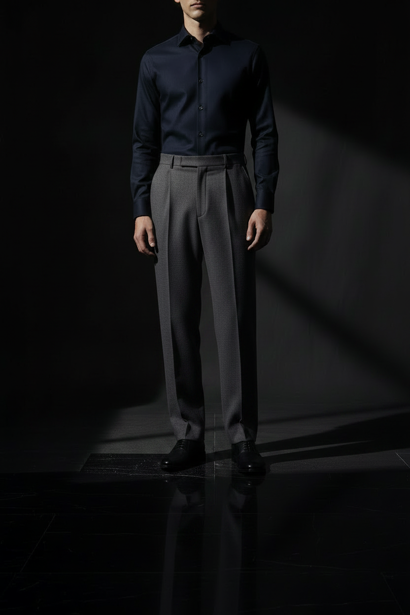 Charcoal grey baggy wool formal trousers front view