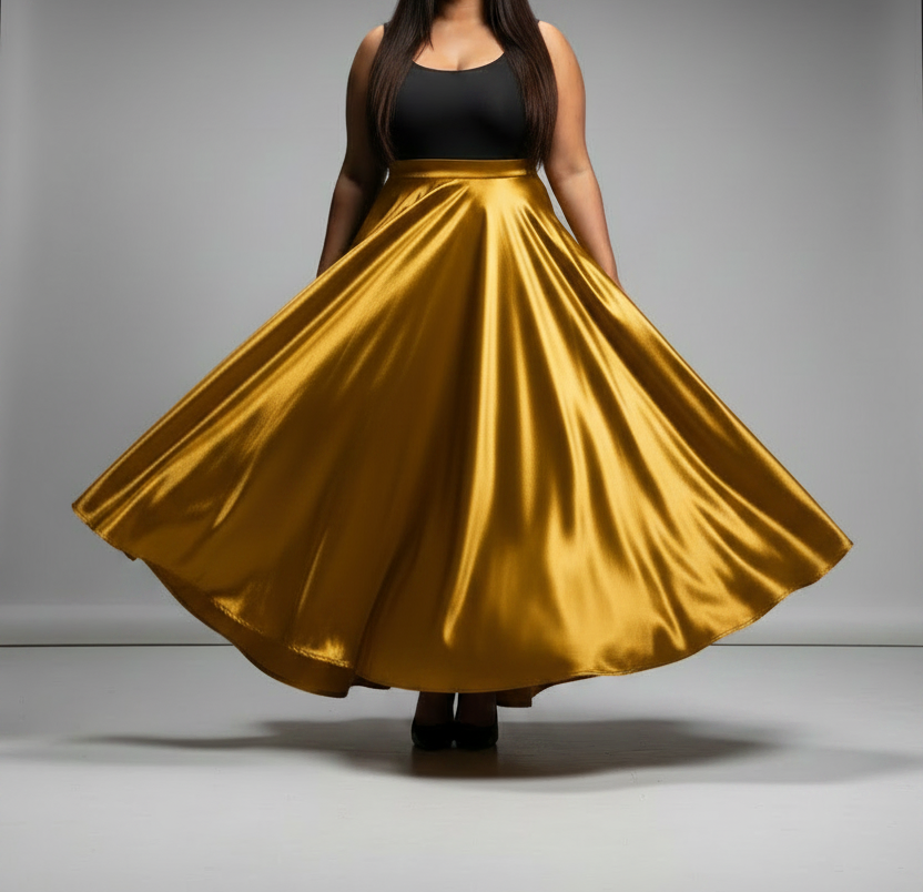 GOLD flared high sheen skirt