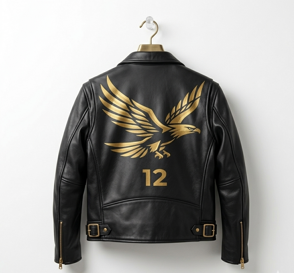 Uqaab "No. 12" Heritage Black Leather Motorcycle Jacket – Vintage Gold Eagle Edition | Ages Like A Fine Wine