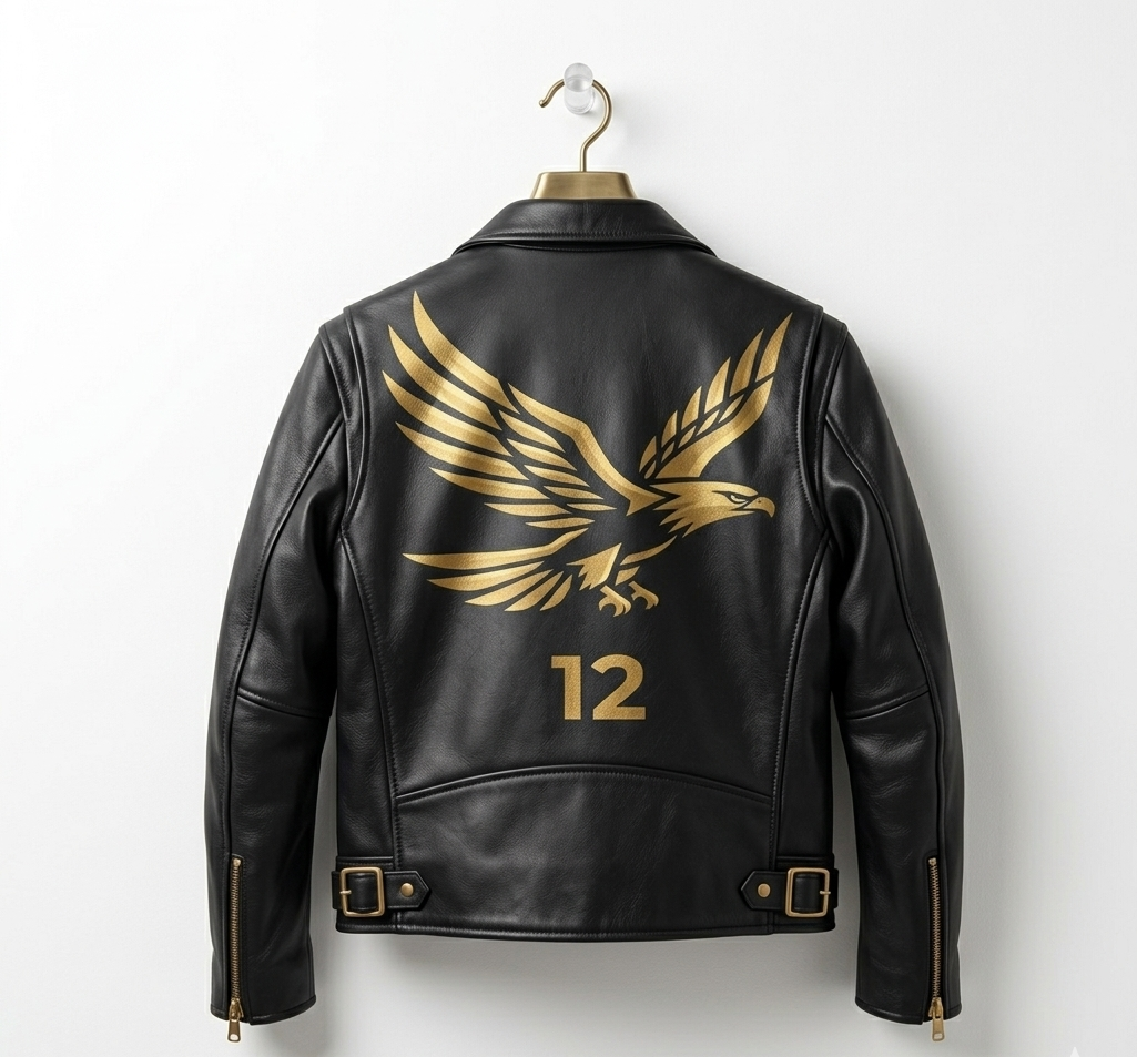 Uqaab "No. 12" Heritage Black Leather Motorcycle Jacket – Vintage Gold Eagle Edition | Ages Like A Fine Wine