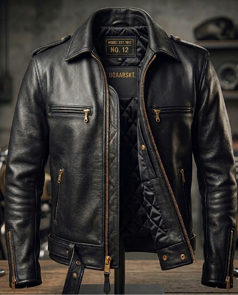 Uqaab "No. 12" Heritage Black Leather Motorcycle Jacket – Vintage Gold Eagle Edition | Ages Like A Fine Wine