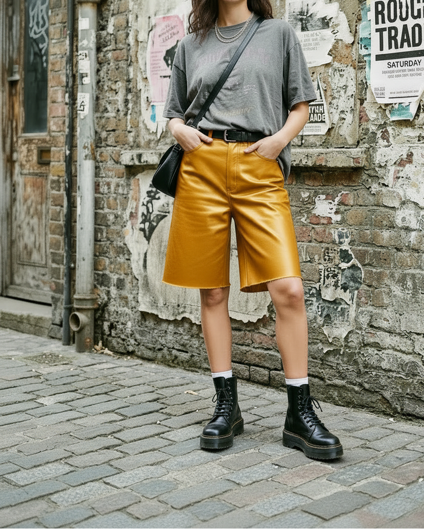 Attractive Yellow Satin Leather Jorts