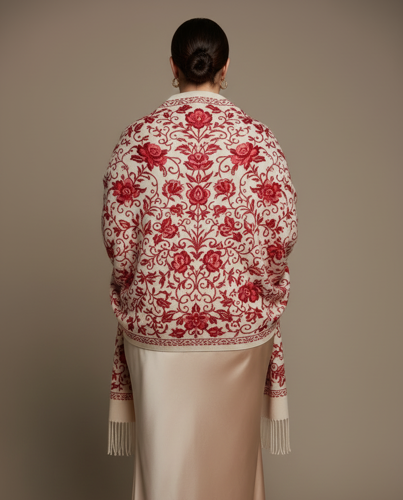Back Shot - off-White Embroidered Red Floral Cashmere Shawl
