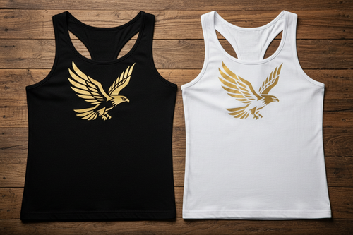 Black and White Y-Back Tank Tops with Gold Eagle on Vintage Table