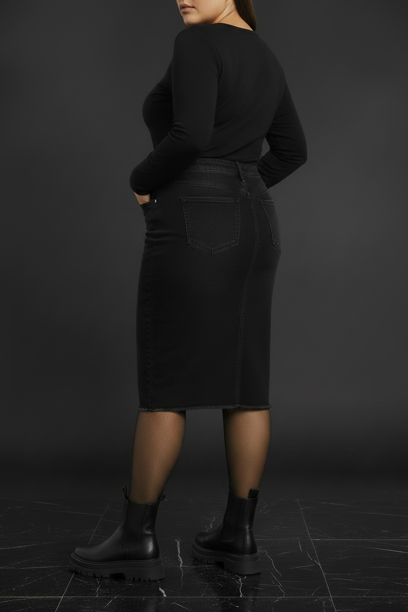 Black Denim Skirt - ¾ Rear Diagonal Angle