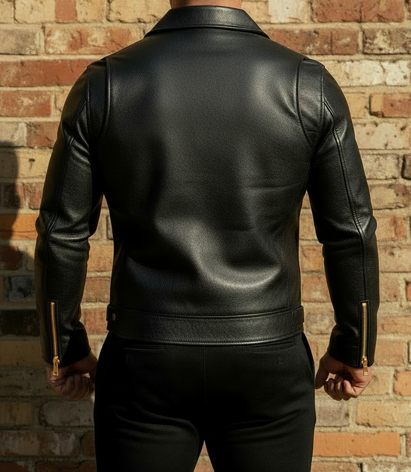 Black Jacket Back View Gold Arm Zippers