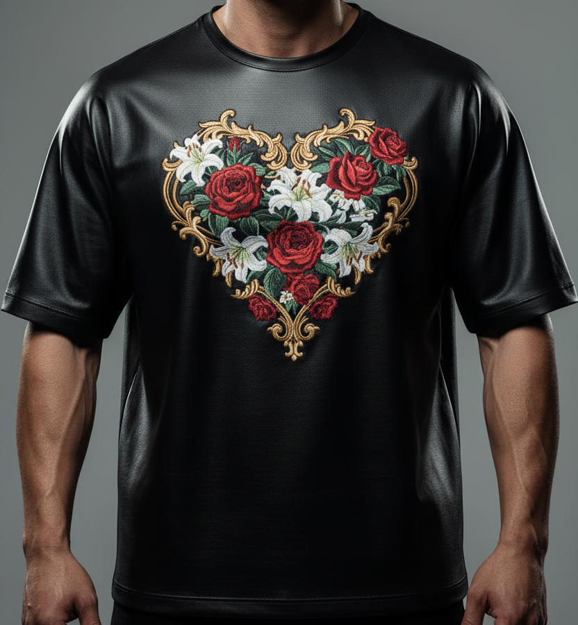 Black Leather T-Shirt Oversized Relaxed Fit with Floral Heart