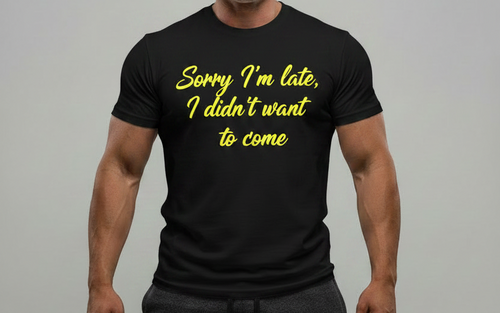 Black t-shirt with yellow font - relaxed bodybuilder pose