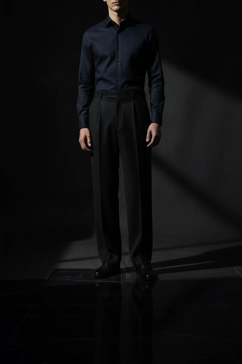Black baggy wool formal trousers front view