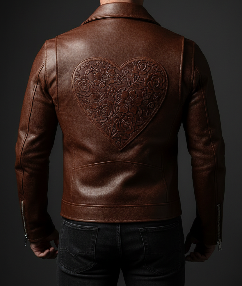 Clear Back Shot - Symmetrical Embossed Floral Heart Leather Jacket
