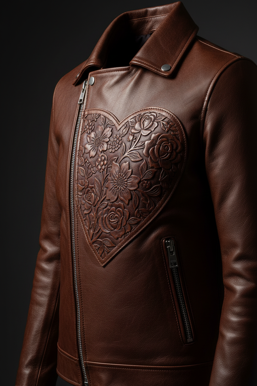 Cowhide Leather Jacket with Embossed Heart & Flowers