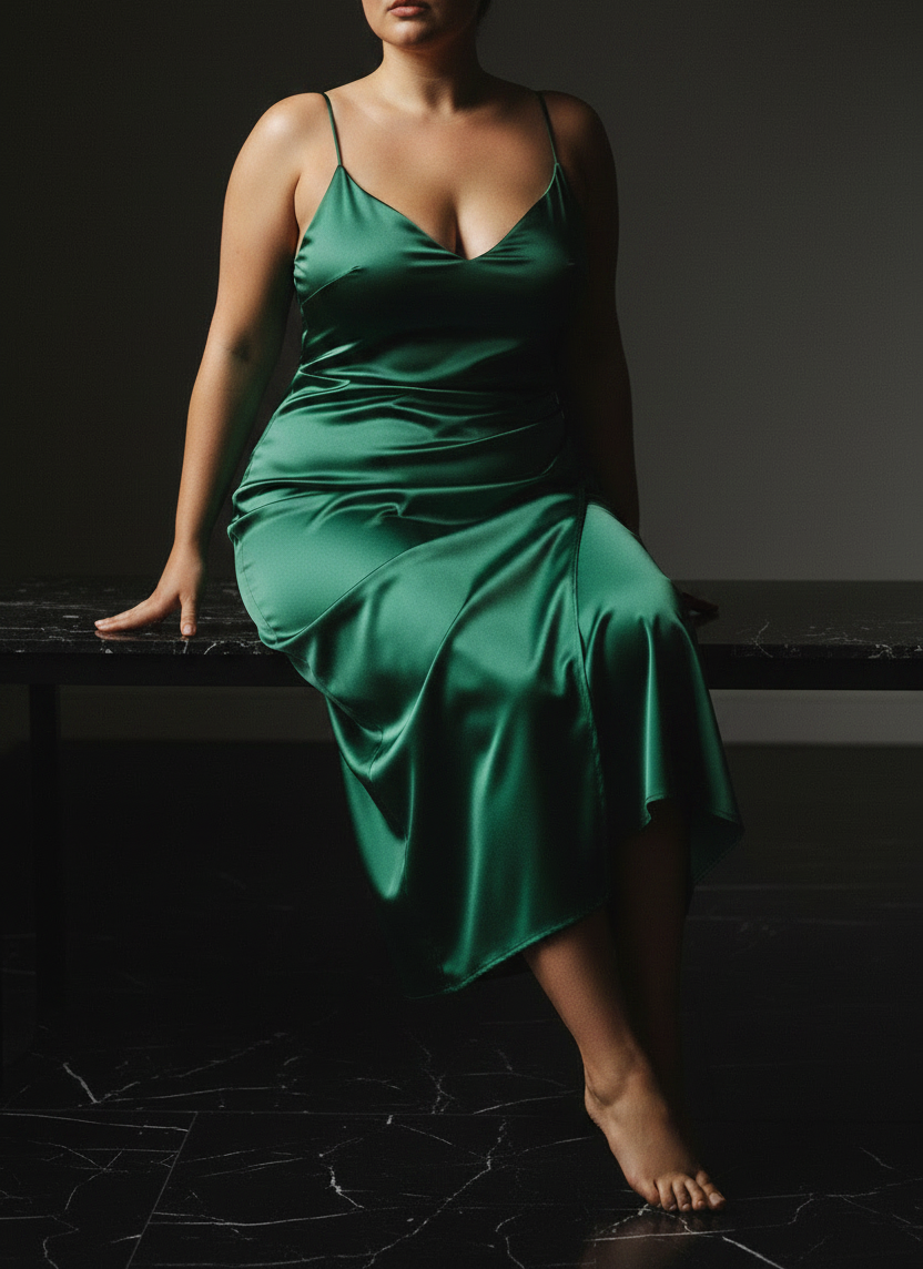 Emerald Green Satin Midi Dress 