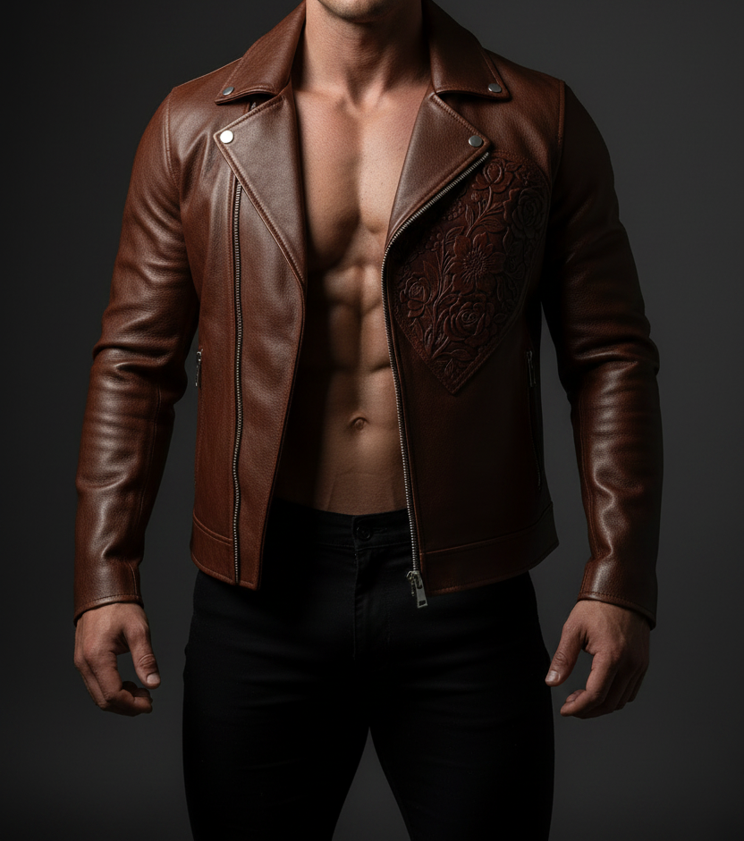 Front Angle Zipped Leather Jacket 
