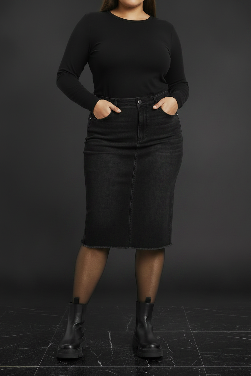 High-Waisted Black Denim Skirt - Moody Studio Shot