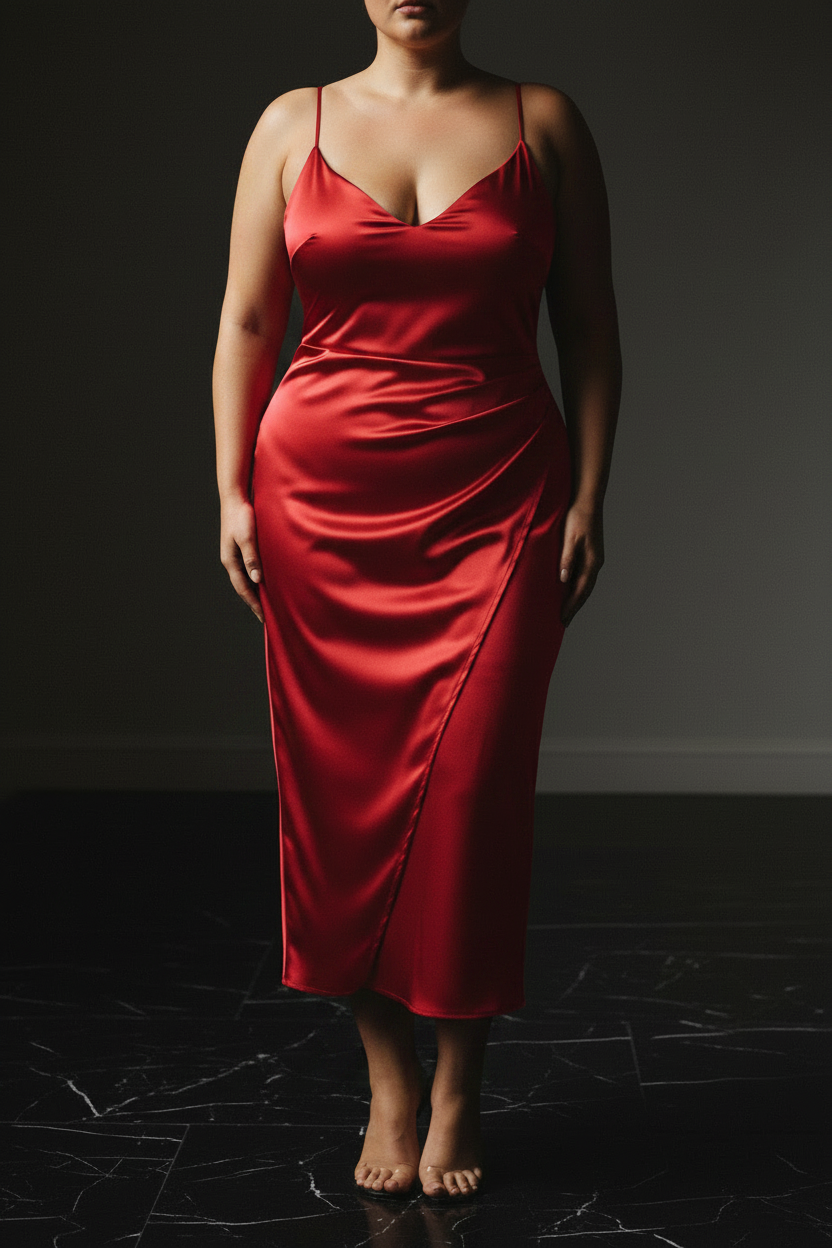 Hot Red Satin Midi Dress