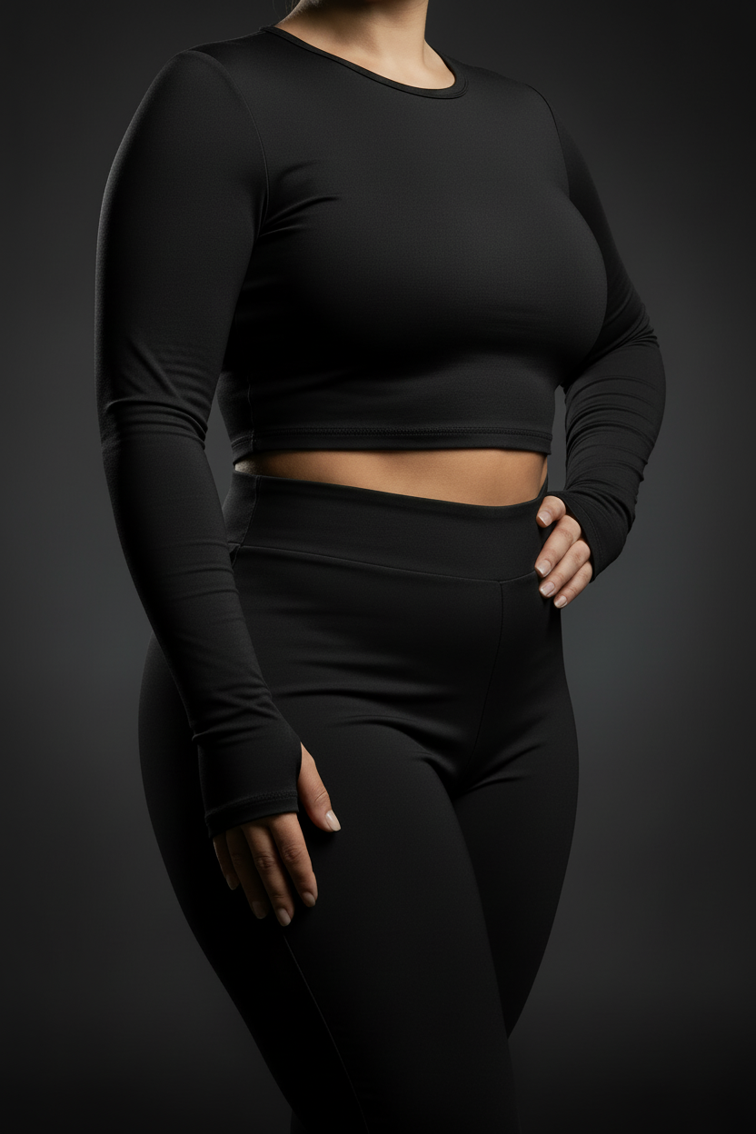 Ladies Full Sleeve Crop Top Black - Thumb Holes Dark BG