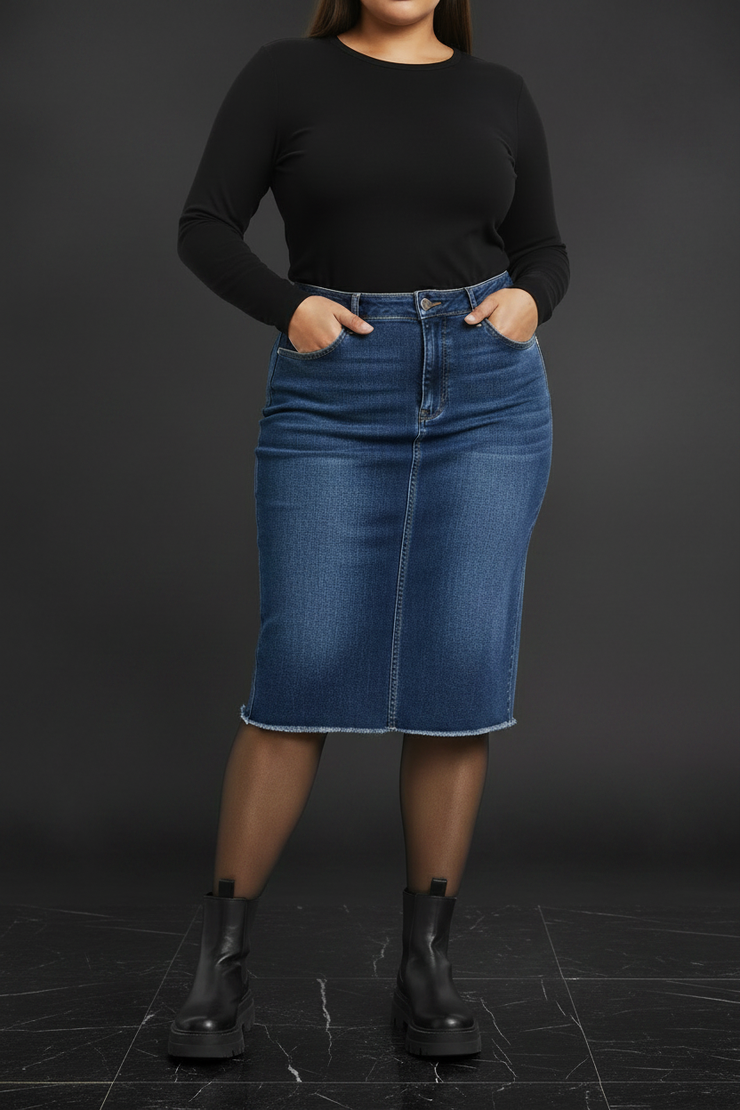 Moody Dark Background Plus Size Model Denim Skirt