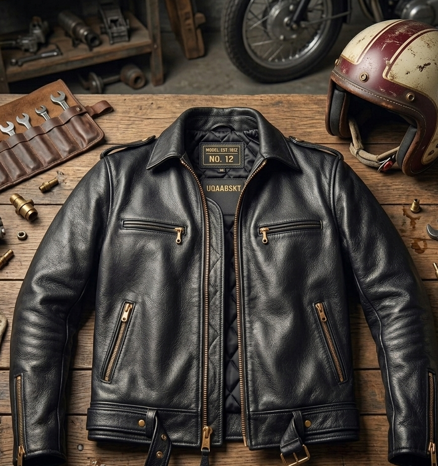 Uqaab "No. 12" Heritage Black Leather Motorcycle Jacket – Vintage Gold Eagle Edition | Ages Like A Fine Wine