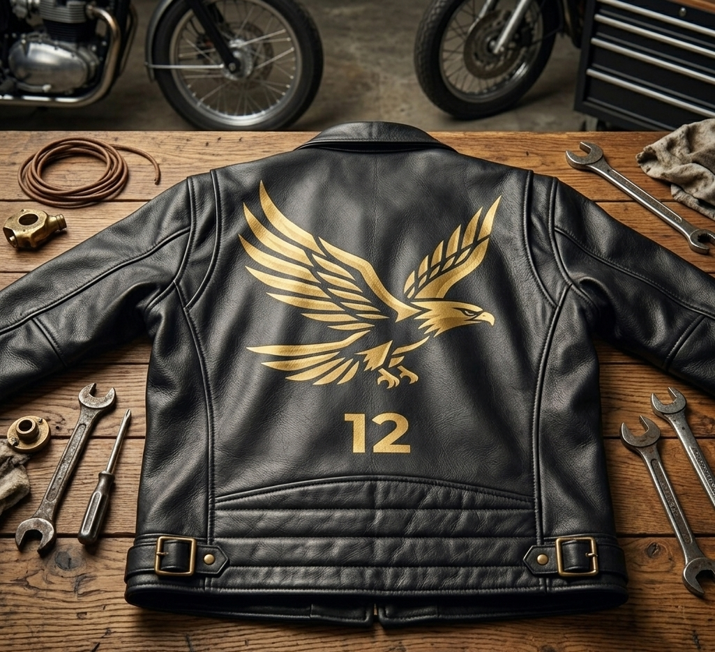 Uqaab "No. 12" Heritage Black Leather Motorcycle Jacket – Vintage Gold Eagle Edition | Ages Like A Fine Wine