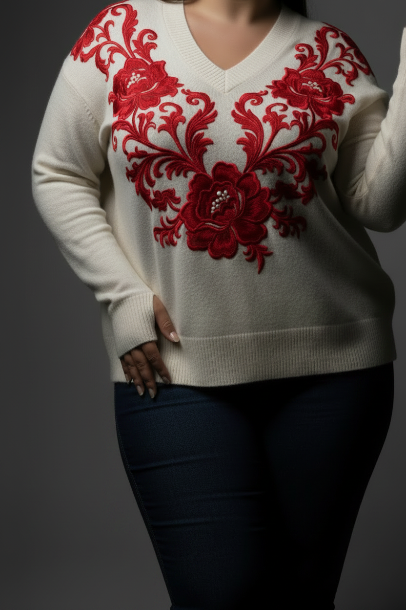 Off-White Cashmere Top with Red Floral Design