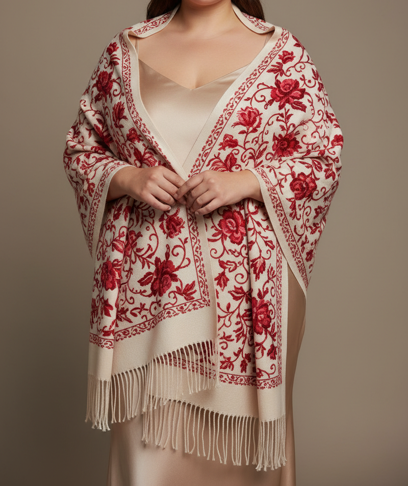 Off-White Embroidered Red Floral Cashmere Shawl