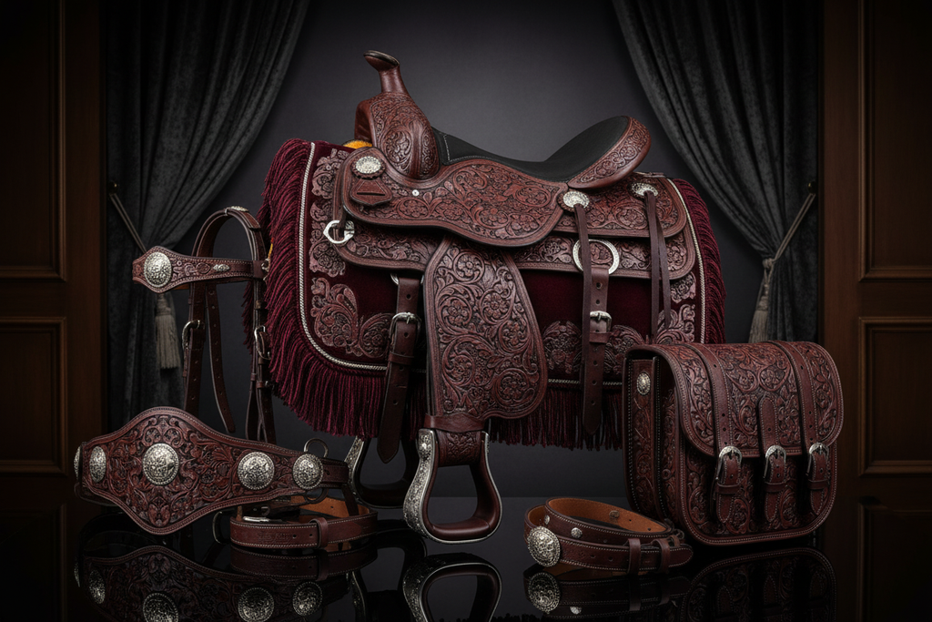 Premium Western Saddle with Accessories on Black Table