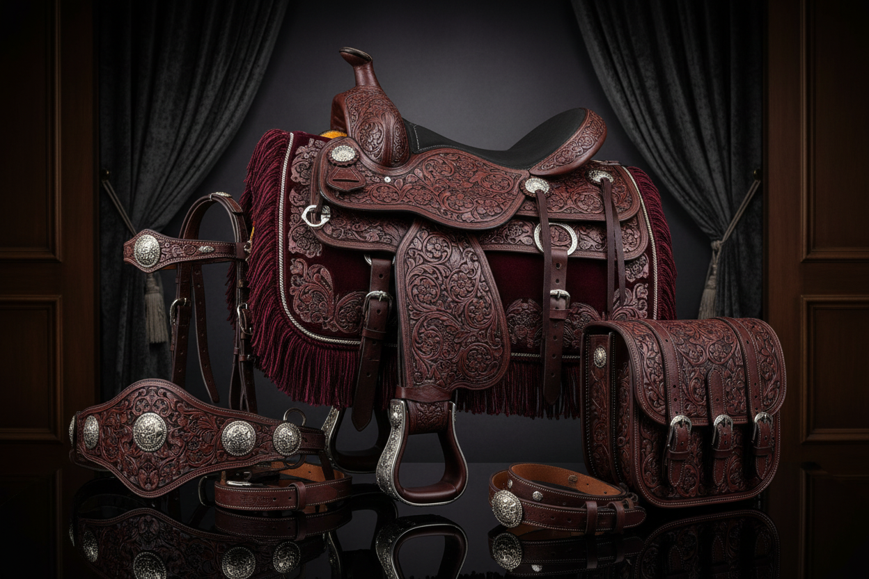 Premium Western Saddle with Accessories on Black Table