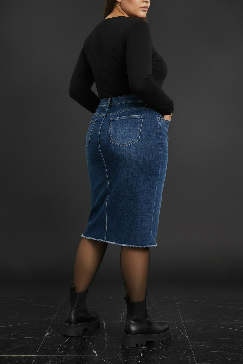 ¾ Rear Angle - Dark Blue Denim Skirt Moody Background
