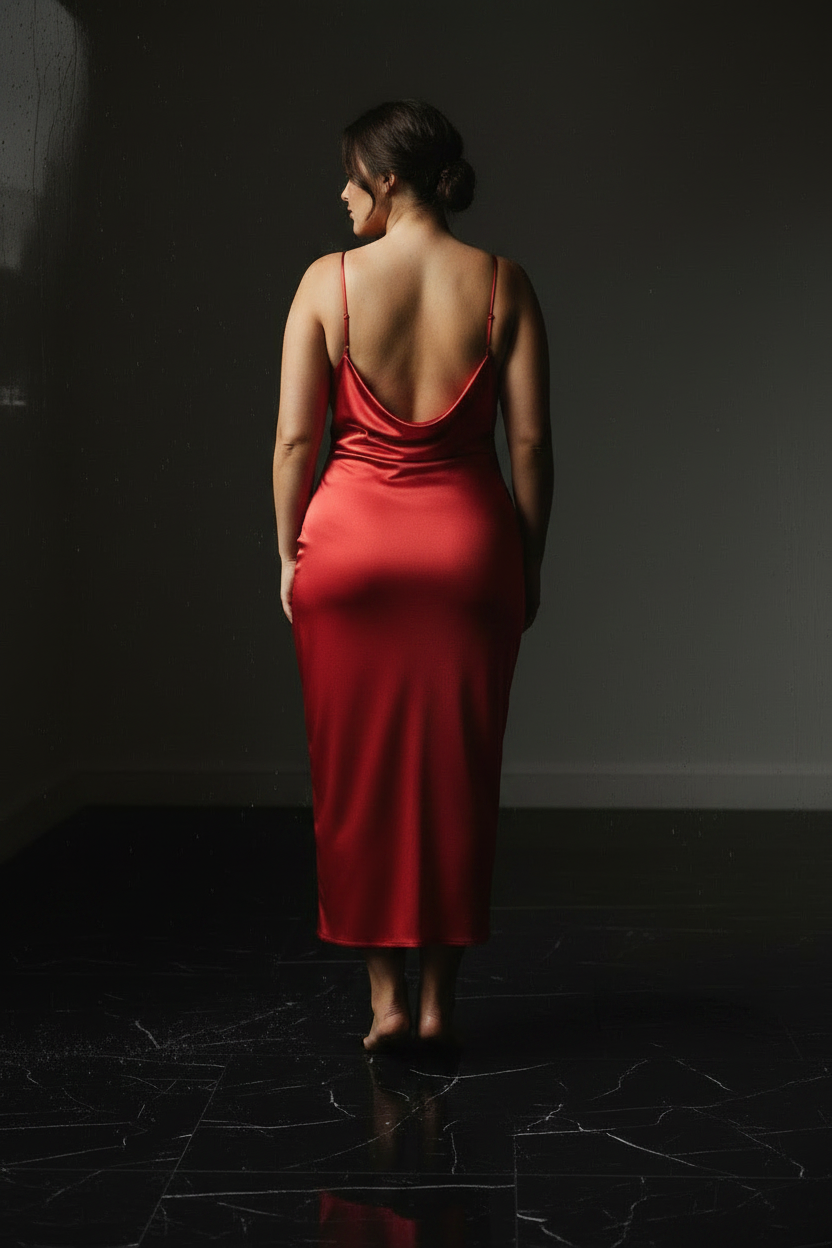 Red Satin Midi Dress - Full Back View