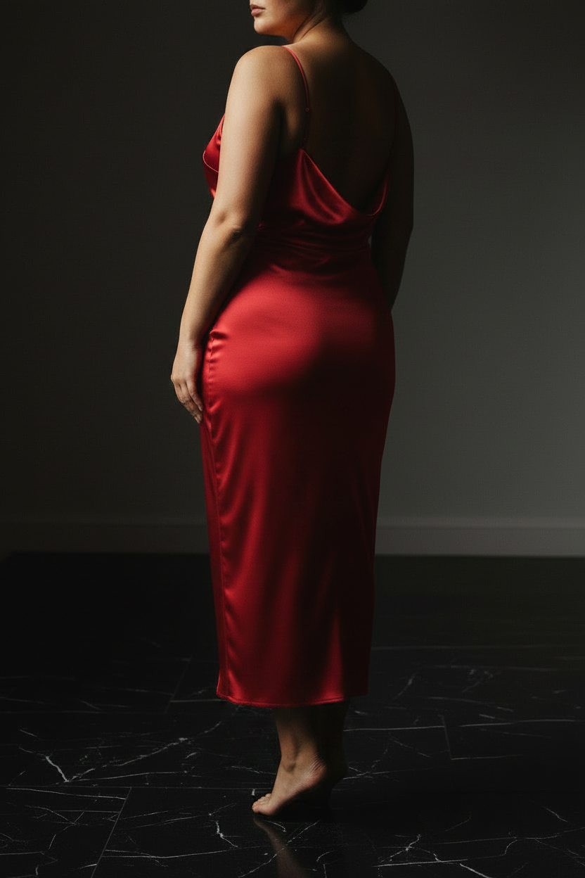 Red Satin Midi Dress - Side Back View