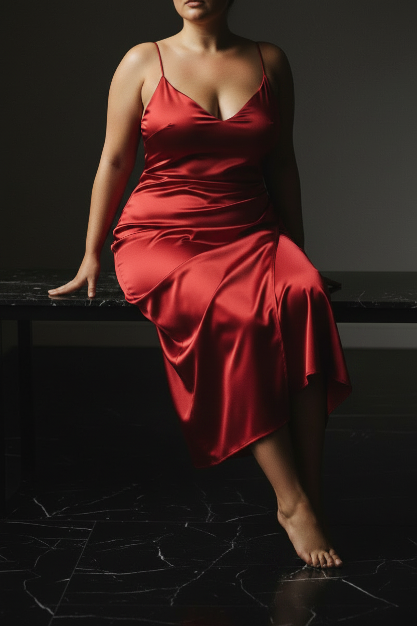 Red Satin Midi Dress - Sitting Shot