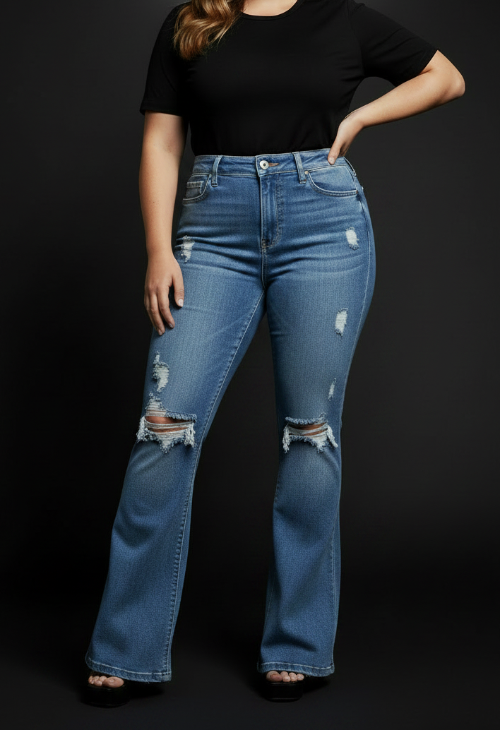 Ripped Bell Bottom Jeans - Light Blue, 