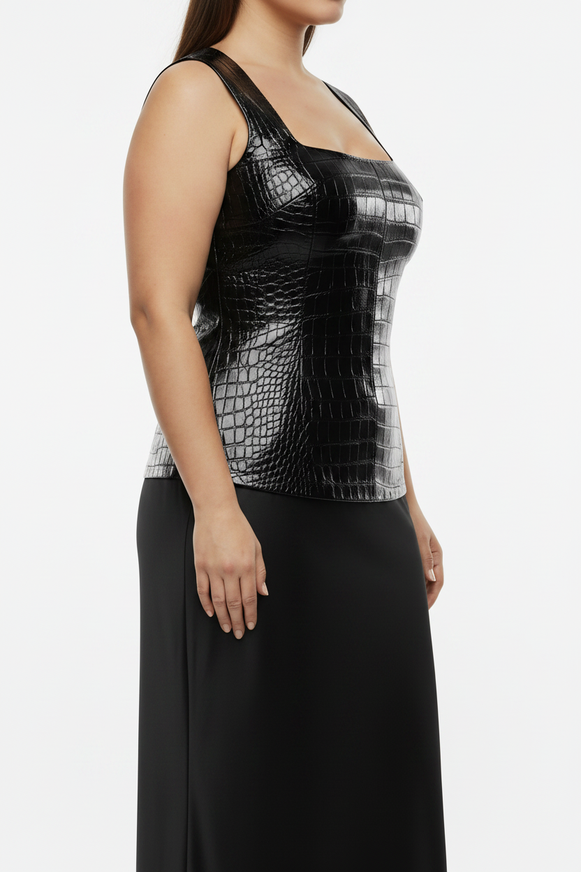 Side angle half shot - black croc leather top with black silk skirt