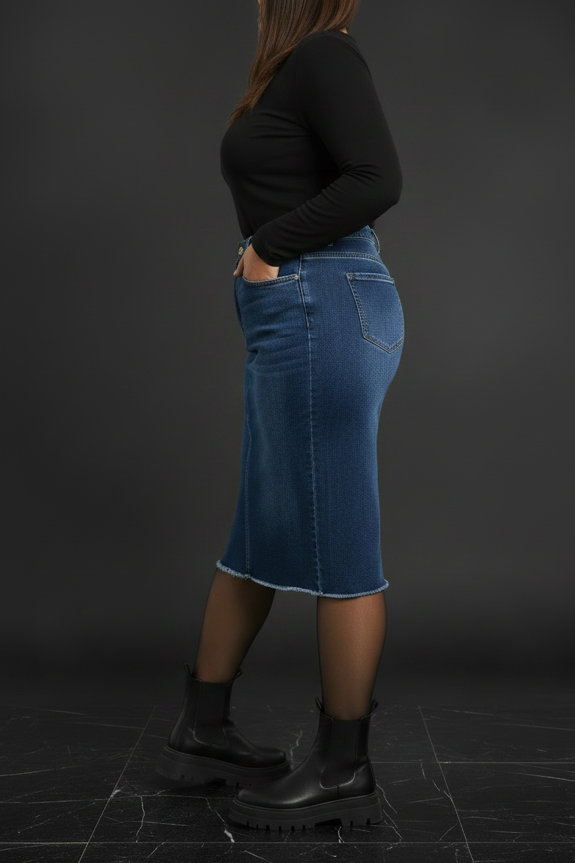 Side Profile Shot - Dark Blue Denim Skirt Moody Background