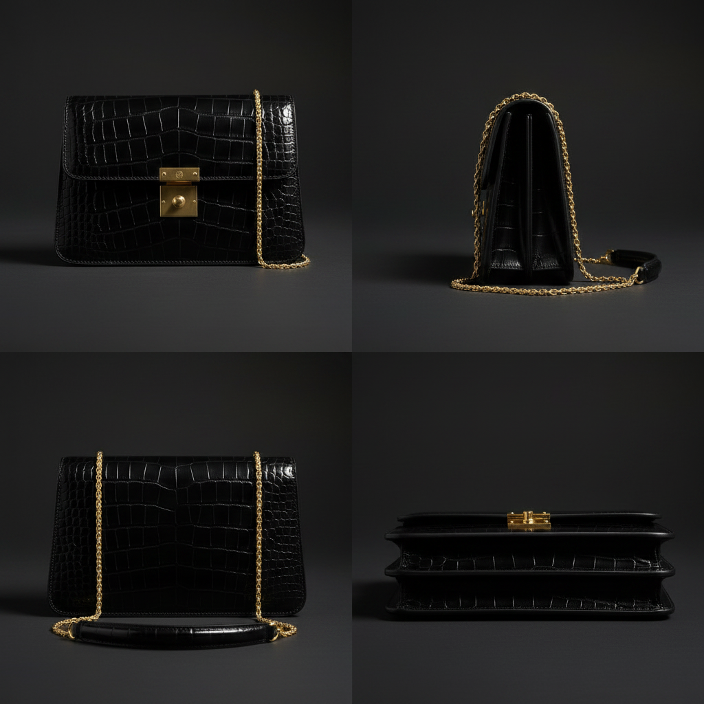 UQAAB Black Croc Handbag - Multiple Angles