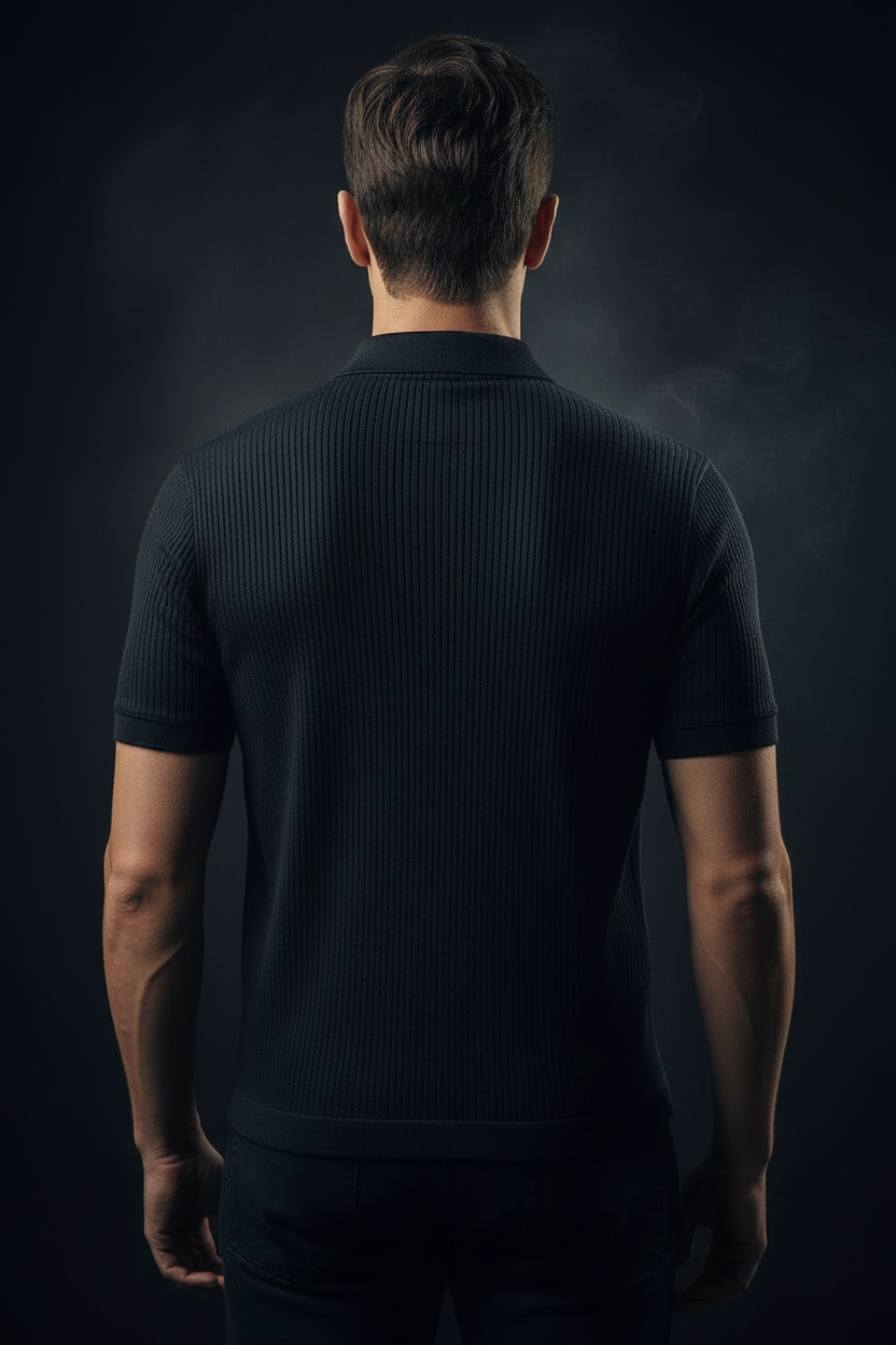 UQAAB Black Rib Knit Polo – Full Back Shot