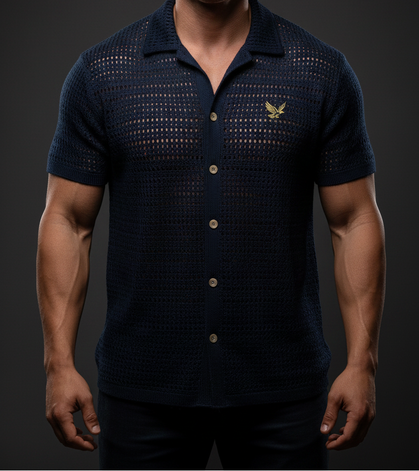 UQAAB Men's Crochet Button-Up Shirt – Navy | Gold eagle Edition
