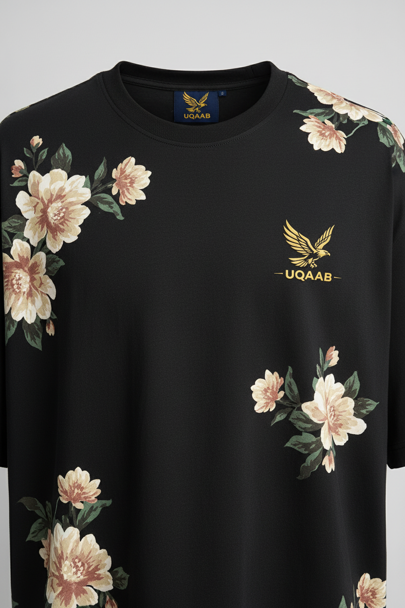 UQAAB Floral Oversized Black T-Shirt