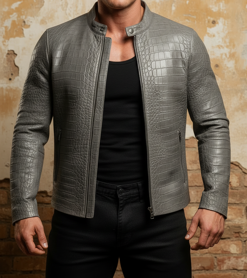 UQAAB Grey Croc Jacket – Correct Collar, Tank Top, Bodybuilder, Vintage Wall