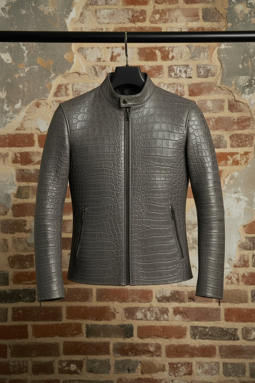 UQAAB Grey Croc Leather Jacket – Matched Gunmetal Collar Button