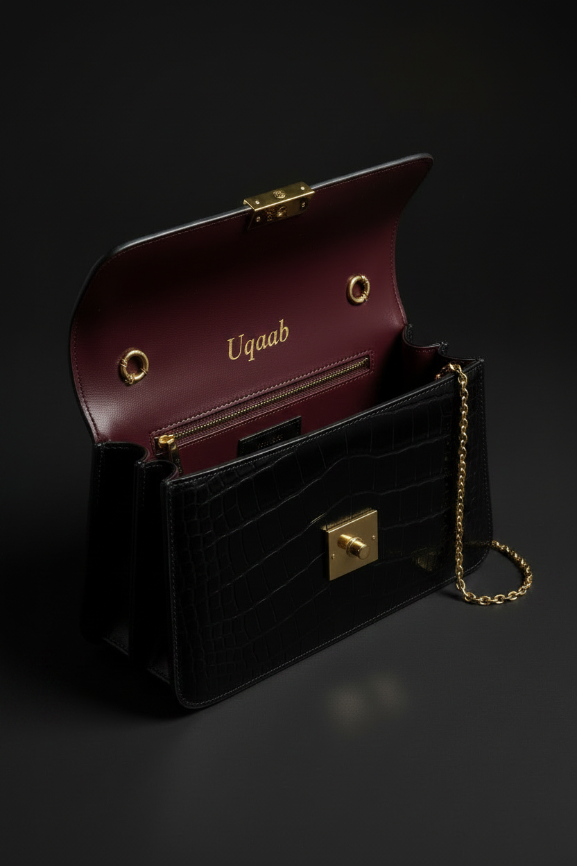UQAAB Handbag - Interior with Gold Italic Branding
