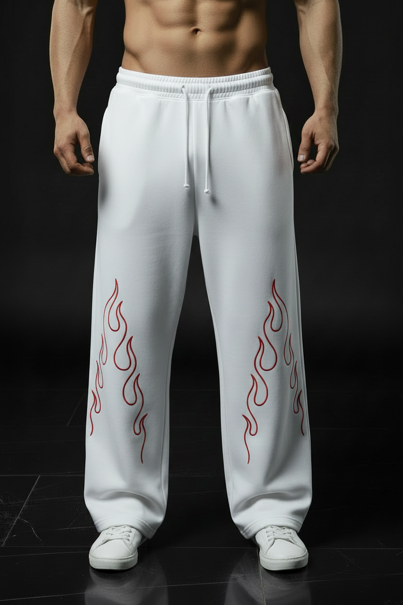 White Tech Fleece Fire Outline Both Legs